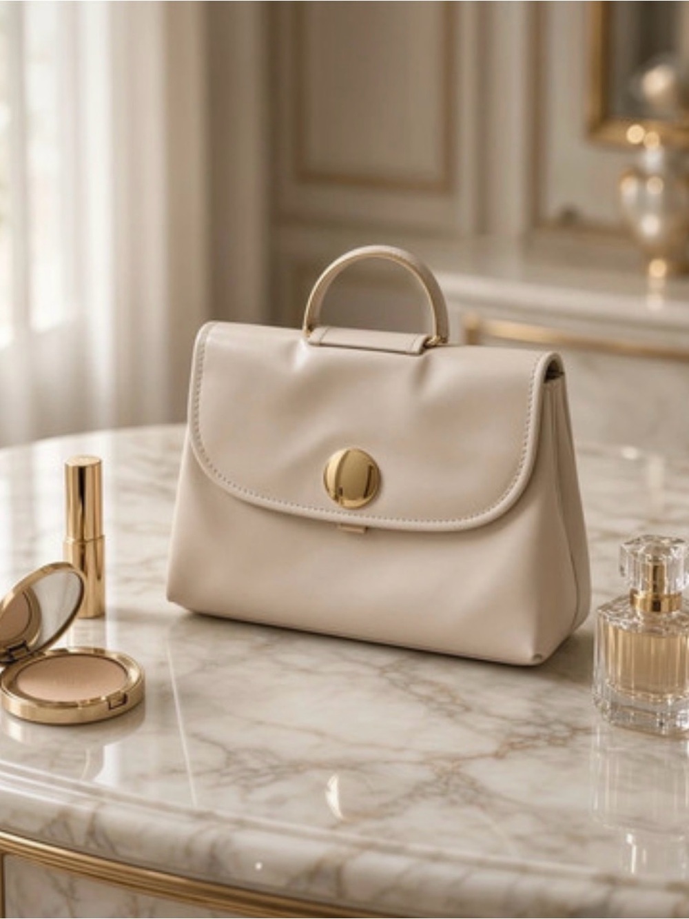 Cream Structured Top-Handle Cosmetic Case with Gold Accent